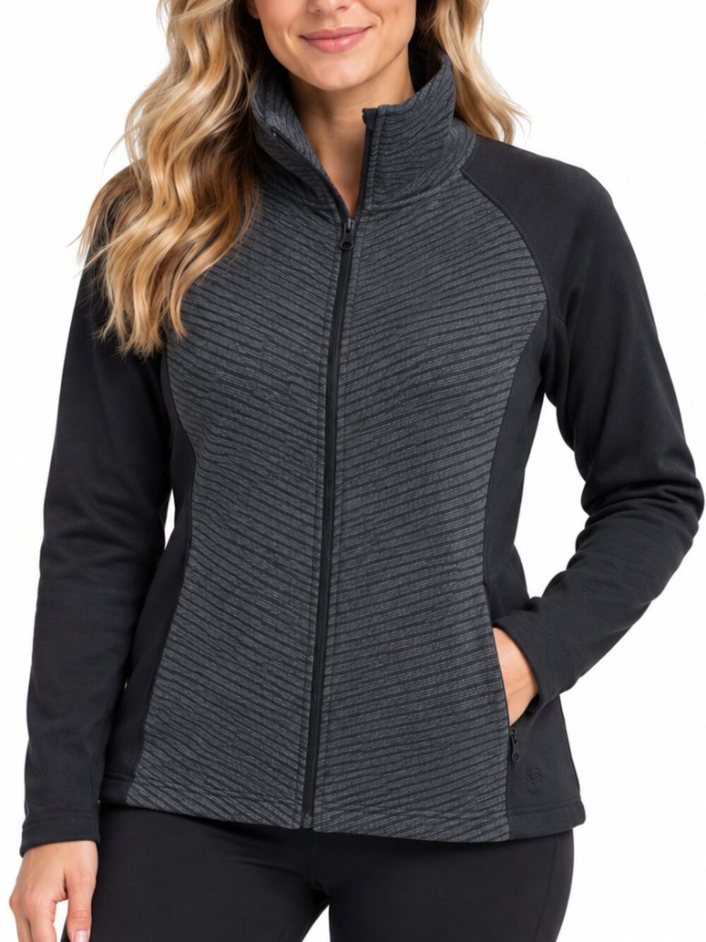 MOUNTAIN HARDWEAR Toasty Stripe Fleece Jacket Grey Black Lrg Full Zip High Neck